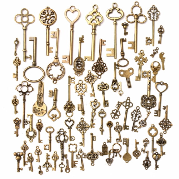 Set of 70 Antique Vintage Old Look Bronze Skeleton Keys Fancy Heart Bow Pendant