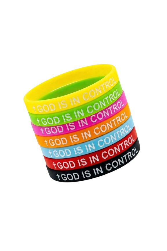 Set of 7pcs Rubber Bangle With GOD IS in Control Positive Messages Design For Team Bonding
