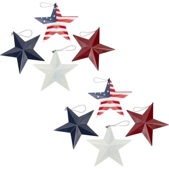Set of 8 Assorted Americana Metal Dimensional Star Ornaments - For Patriotic and Everyday Decor