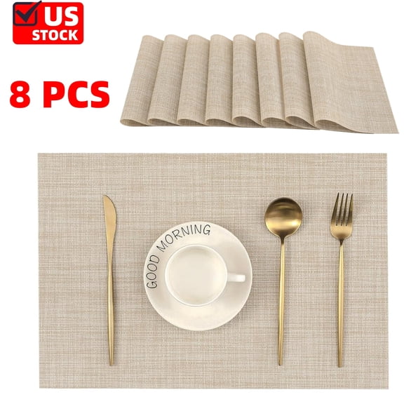 Set of 8  Beige Placemats - Heat Resistant Non-Slip Place mats for Dining Table, Washable Durable PVC Vinyl Woven Table Mats（Beige, 8）