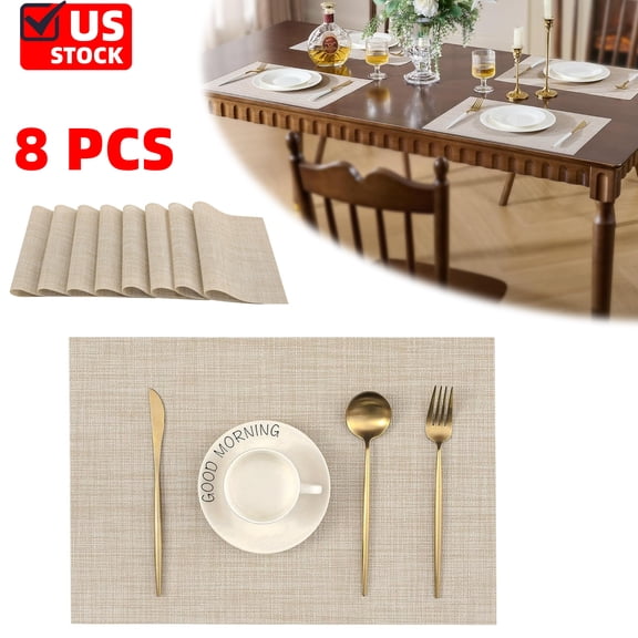 Set of 8 Beige Placemats - Heat Resistant Non-Slip Place mats for Dining Table, Washable Durable PVC Vinyl Woven Table Mats(Beige, 8)