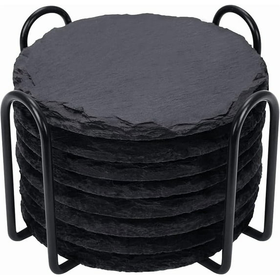 Set of 8 Black Coasters, 4 Inch Stone Coaster Set Coffee Table Decor Tabletop Protection for Home Office Kitchen Apartment Bar