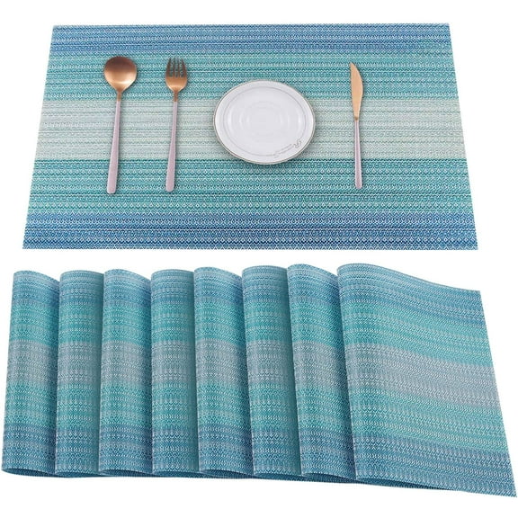 Set of 8 Blue Vinyl Placemats Stain Resistant Foldable Washable Indoor Outdoor Table Decoration