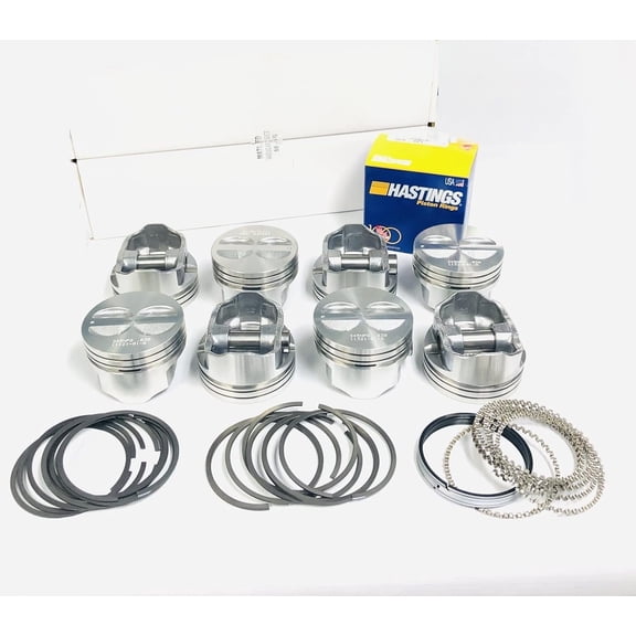 Set of 8 Cast Flat Top Pistons and Cast Rings combo compatible with 1967-85 Chevrolet Chevy SBC 350 5.7L. Standard size 4.00" Bore Diameter.
