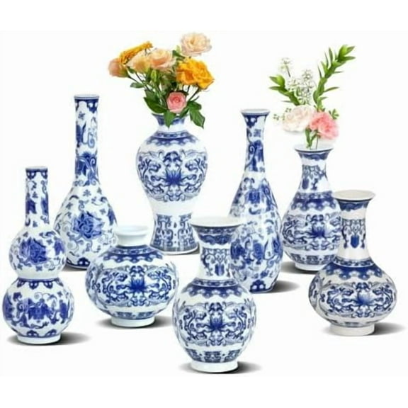 Set of 8 Chinoiserie Vase Blue and White vases Home Decor Blue Bud vases for Home Table Decor Centerpieces Living Room Bookshelf