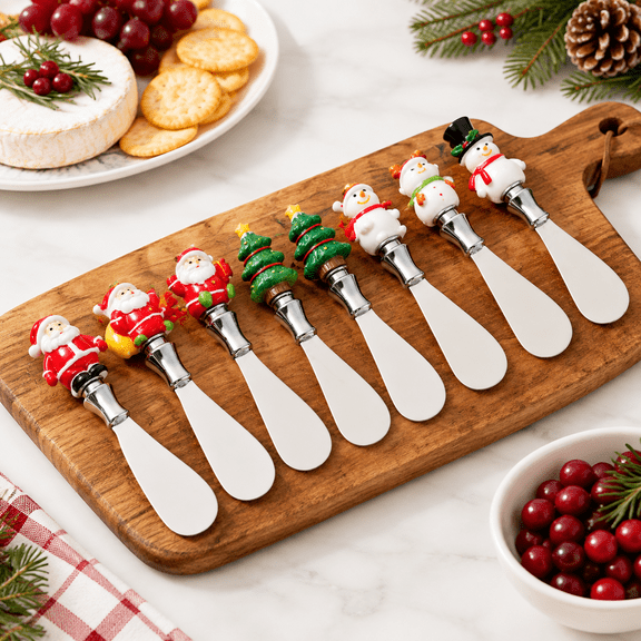 Set of 8 Christmas Hand-Painted Stainless Steel Cheese Spreaders for Holiday Serving