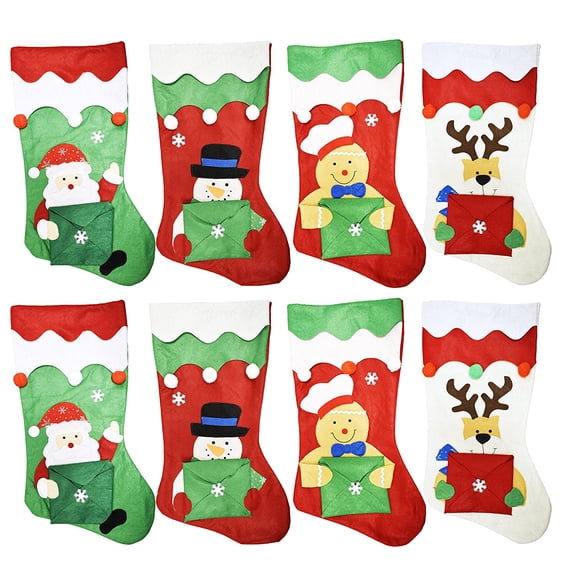 Set of 8 Christmas Stockings with Gift Card Envelopes! 18" Stockings with Adorable Christmas Themes and Envelopes for Notes or Gift Cards!