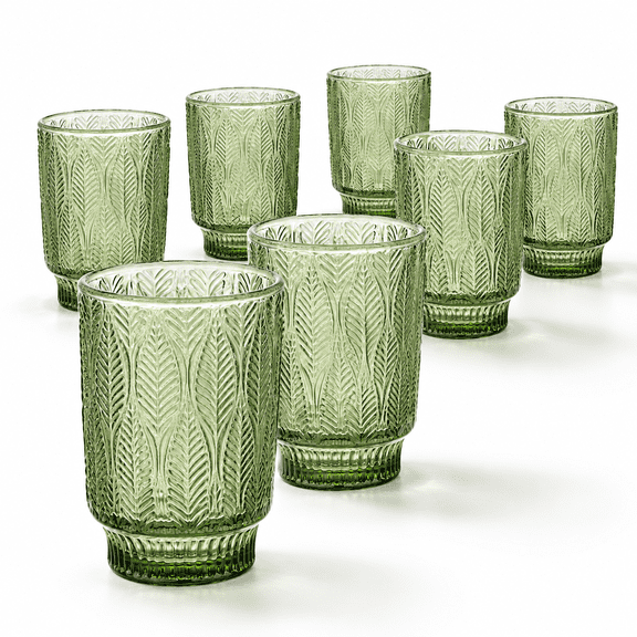 Set of 8 Embossed Glass Drinkware Set, 4 16oz Highball & 4 12oz Rocks Glasses, Green Leaf Pattern