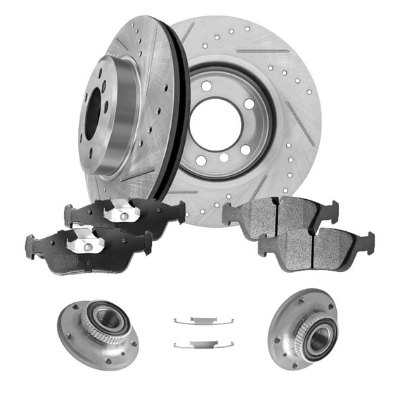 Set of 8 Front 300mm Drilled Slotted Brake Disc Rotors-Ceramic Brake Pad Kit-Wheel Hub Bearing Assembly For 2001-2005 BMW 325CI