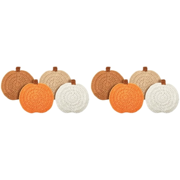 Set of 8 Handmade Crochet Pumpkin Coasters, 3.94 Inch (10cm) Orange Fall and Thanksgiving Drink Cup Mats, Woven Kitchen Table DecorforHalloween