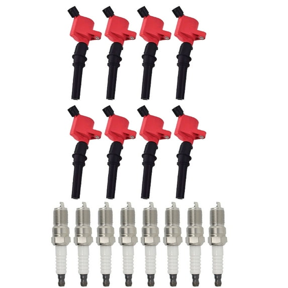 Set of 8 ISA Brand Red Color Ignition Coils and 8 ISA Brand Spark Plugs Compatible with 1997-2010 Ford E-350 6.8L V10 Replacement for DG508