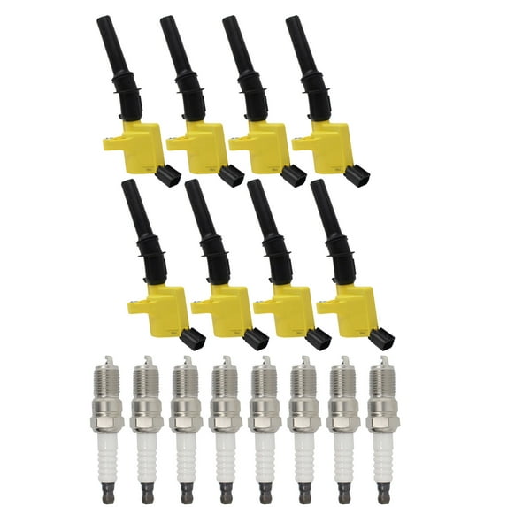 Set of 8 ISA Brand Yellow Color Ignition Coils and 8 ISA Brand Spark Plugs Compatible with 1997-2011 Ford E-150 5.4L V8 Replacement for DG508