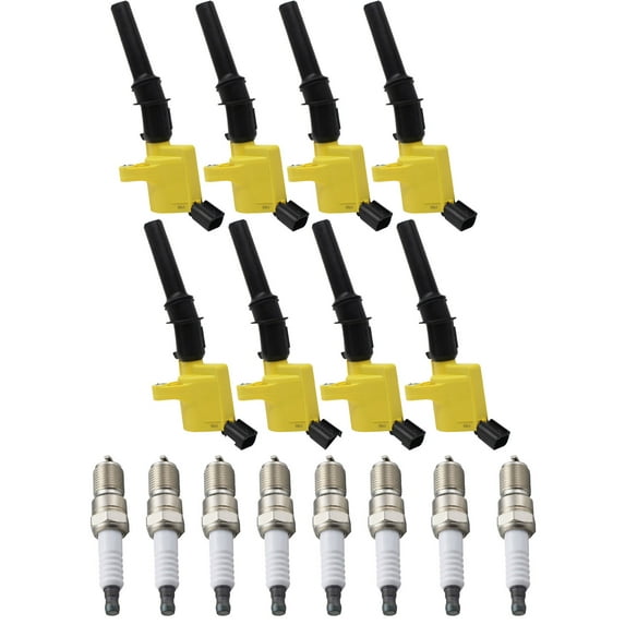 Set of 8 ISA Brand Yellow Color Ignition Coils and ISA Brand Spark Plugs Compatible with 1999-2004 Ford Expedition 4.6L V8 Replacement for DG508