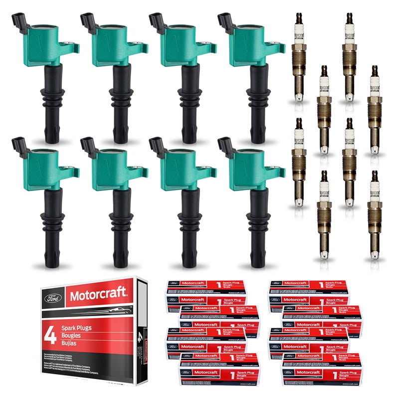 Set of 8 ISA Green Color Ignition Coil & Motorcraft Spark Plugs  Compatible with 2005-2008 Ford Expedition 5.4L V8 Replacement for DG511 UF537