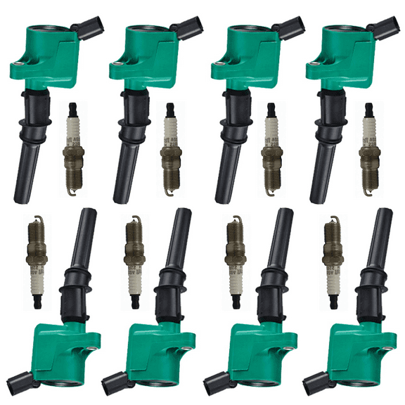 Set of 8 ISA Green Color Ignition Coil and 8 Motorcraft Spark plug Compatible with 2007-2013 Ford E-250 Base Cutaway Van 2-Door Replacement for DG508