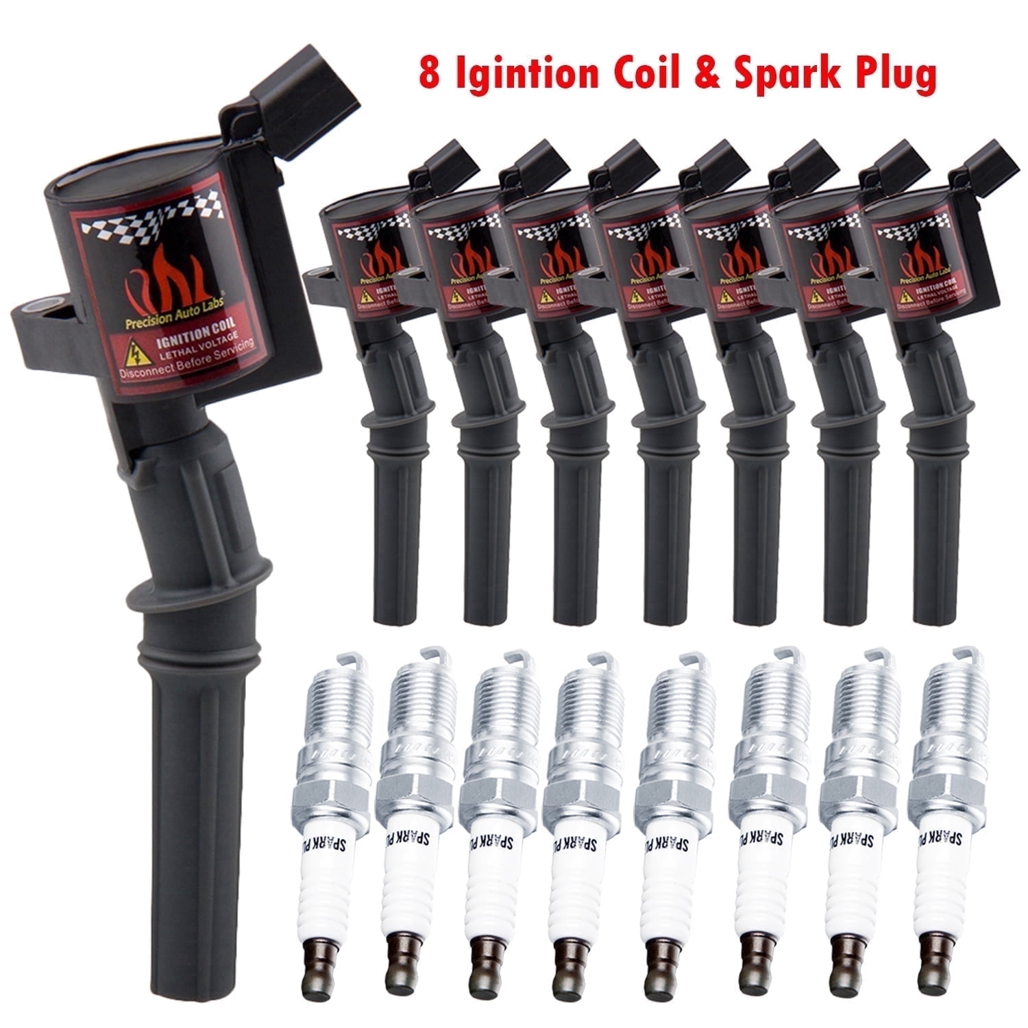 Set of 8 Ignition Coils & 8 Spark Plugs Compatible with Ford Lincoln 4.6L 5.4L V8 Replacement for DG508 (Black, Curved)