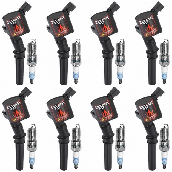 Set of 8 Ignition Coils & 8 Spark Plugs Compatible with Ford Lincoln 4.6L 5.4L V8 Replacement for DG508 (Black, Curved)
