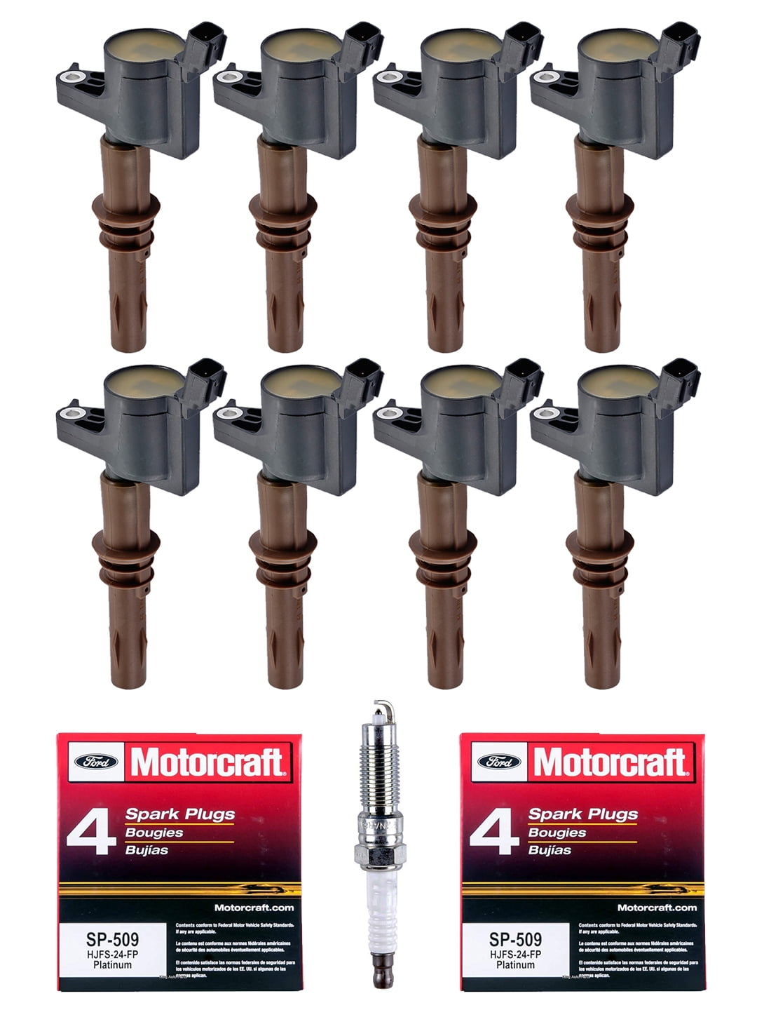 Set of 8 Ignition Coils with Brown Boot & Motorcraft Spark Plugs SP509 For 2008 - 2014 Lincoln Navigator 5.4L V8