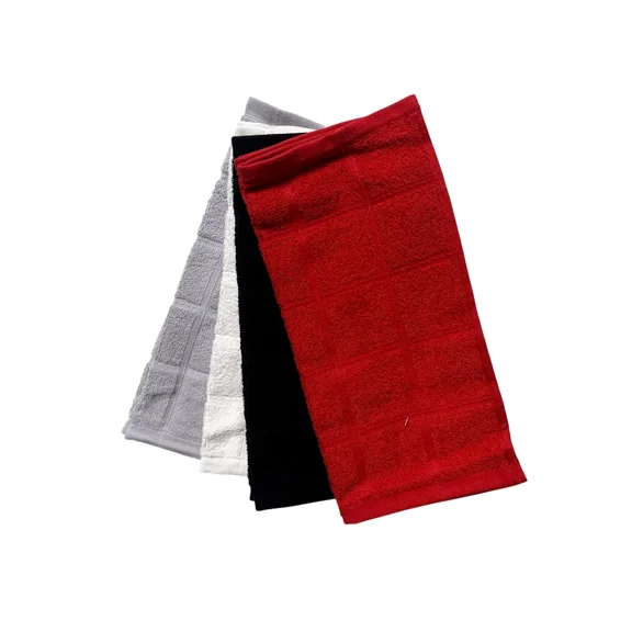 Set of 8 Mostly Cotton Terry Dish Cloths, Jacquard Blocks, Black, White, Red, Grey