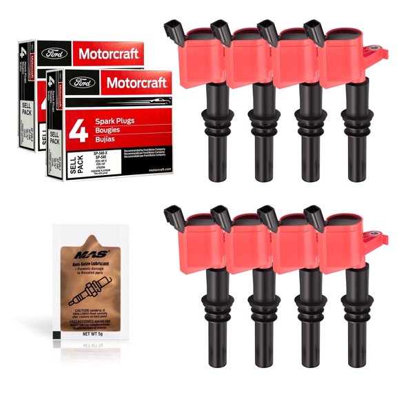 Performance Master Set of 8 DG511 Red Ignition Coils & Motorcraft SP515 SP546 Spark Plugs for Ford F-150 5.4L + Free Anti-Seize Lubricant 5g