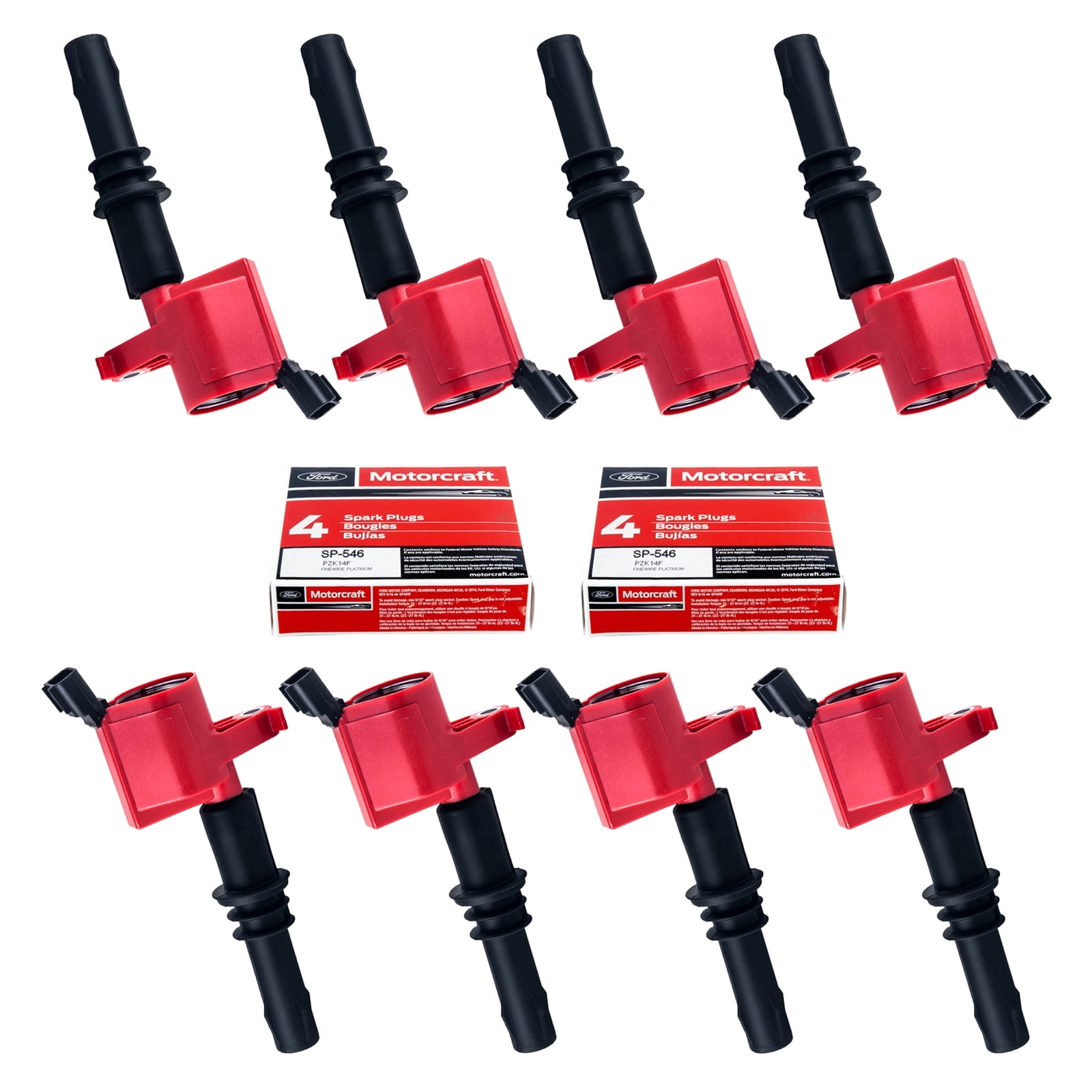 Set of 8 Motorcraft SP515 SP546 Spark Plugs and 8 Red Straight Boot ...