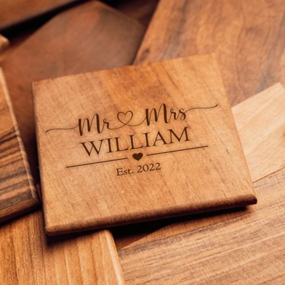 Set of 8 Personalized 4.7" Square Walnut Coasters  Handmade Custom Laser Engraved Table Protector