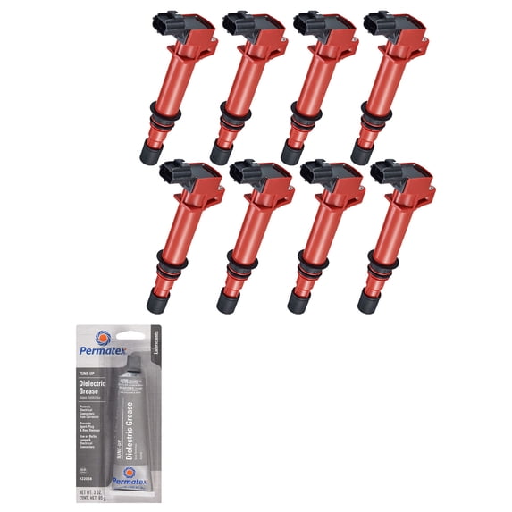 Set of 8 Red Ignition Coils and Tune-Up Grease Compatible with 2006-2008 Mitsubishi Raider 3.7L V6 -cc 226ci Replacement for UF270, UF297, UF399