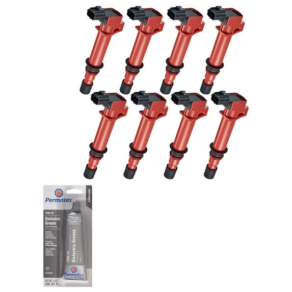 Set of 8 Red Ignition Coils and Tune-Up Grease Compatible with 2006 Jeep Commander 65th Anniversary Edition Replacement for UF270, UF297, UF399