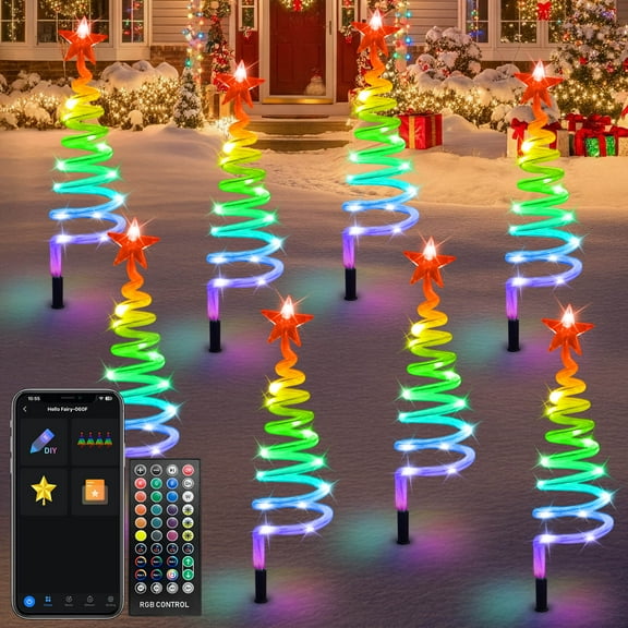 Set of 8 Smart Spiral Christmas Tree Pathway Lights with Programmable Fairy RGB LED Lights App-Controlled