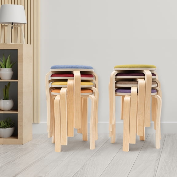 Set of 8 Stackable Stools, Modern Round Upholstered Bar Stools with Non-Slip Foot Mat, 8 Colors