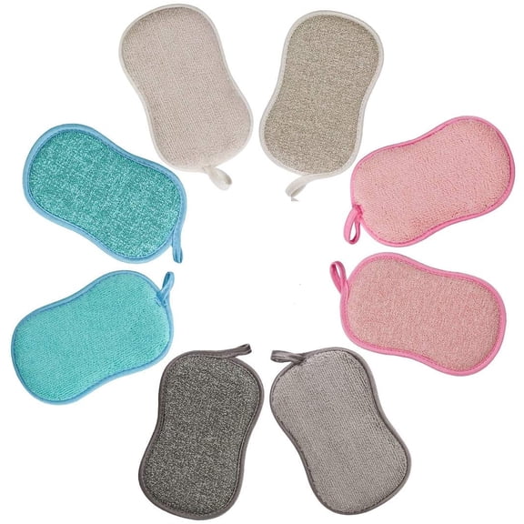 Set of 8 Washable Dishwashing Sponge Antibacterial Microfiber Reusable Double Sponge Scouring Pads for Nonstick Pots Pans Pots