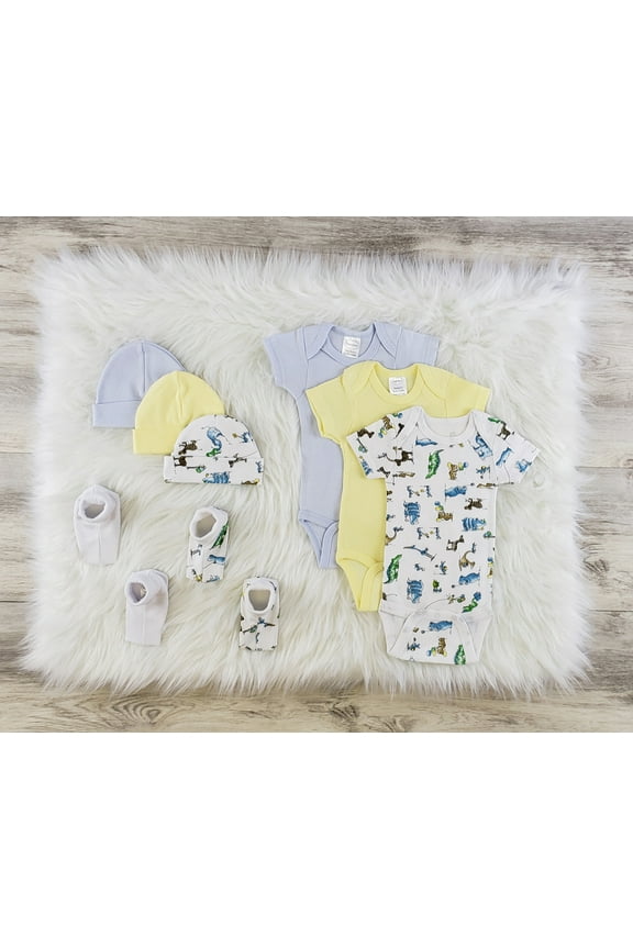 Set of 8 Yellow and White Newborn Baby Boy Bambini One Piece, Baby Socks and Caps