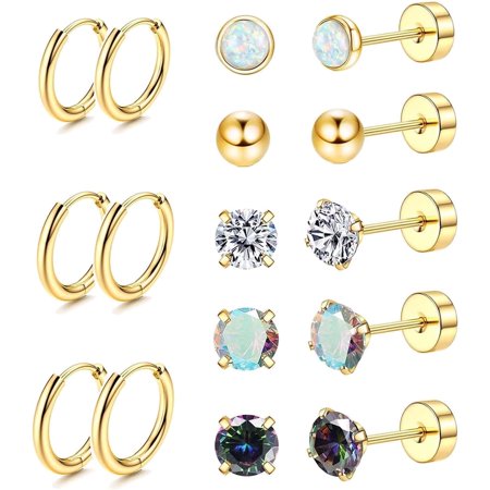 Set of 8 pairs Stainless Steel Stud Ring Men's and Women's Small Opal Ball CZ Surgical Steel Flat Back Earrings Earrings, Golden