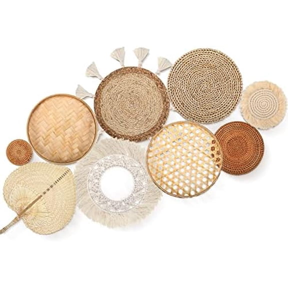 Set of 9 Boho Wall Basket Decor: Rattan/Wicker/Macrame, Handmade, for Living Room/Bedroom.