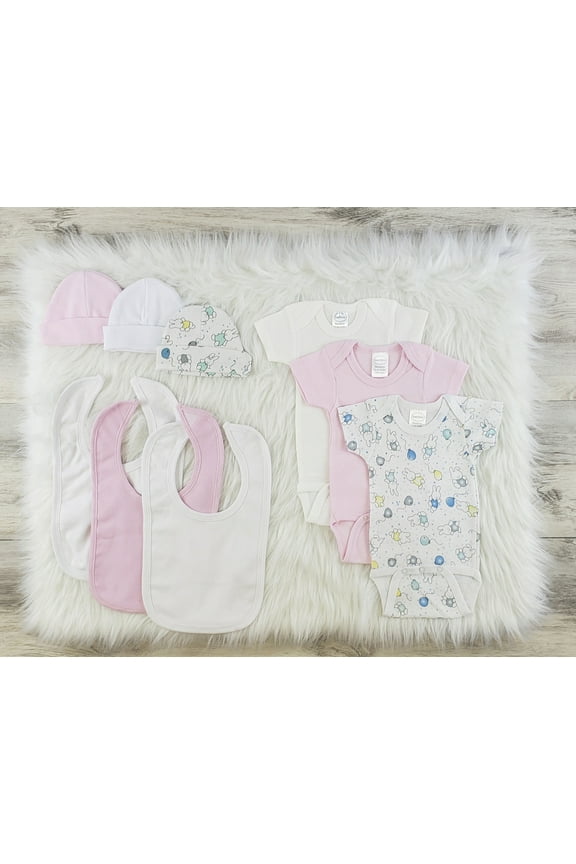 Set of 9 Newborn Stylish Pink and White Bambini Layette One Piece, Caps and Bibs
