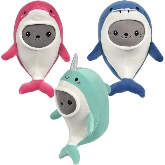 Set of All 3 Colors - Plush Seal in Costume - Stuffed Animal Toy - Soft Plushie Stuffie - Ocean Sea Narwhal, Dolphin, Shark Dressed Up