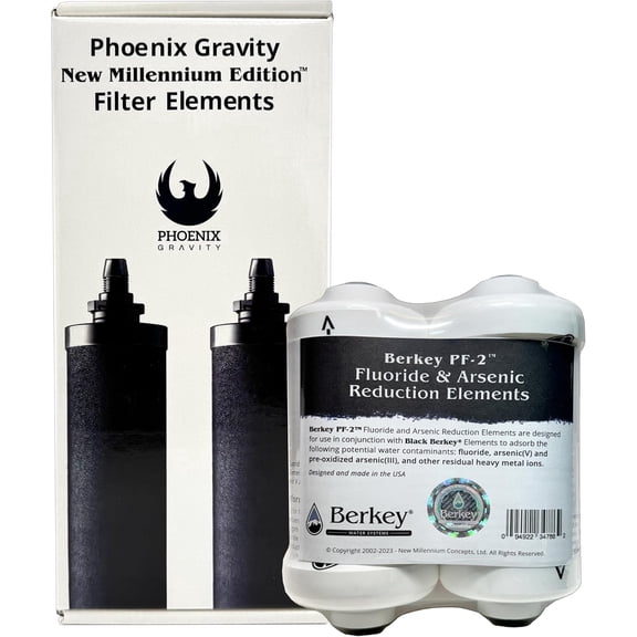 Berkey PF-2 Fluoride & Arsenic Reduction Filters (Pack of 2) + Phoenix Gravity New Millennium Edition NSF 42/372 Certified Filter Elements (Pack of 2)