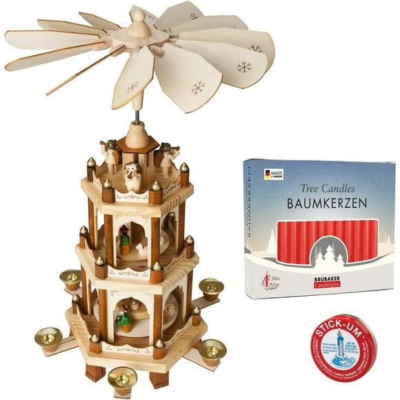 Set of BRUBAKER Christmas Pyramid 3-Tier 18 Inches + 20 Red Candles + Stick-Um Candle Adhesive