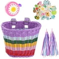thumbnail image 1 of SHUWND Kid's Bicycle Basket Streamers Set, Children's Bike Handlebar Wicker Basket with Colorful Bike Streamers Bell and Stickers, Bike Decoration Accessories Kit for Girls, 1 of 9