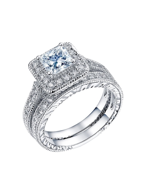 Set of Couples Ring Set Elegant Wedding Jewelry for Women Engagement Rings,6.21 cm,Silver