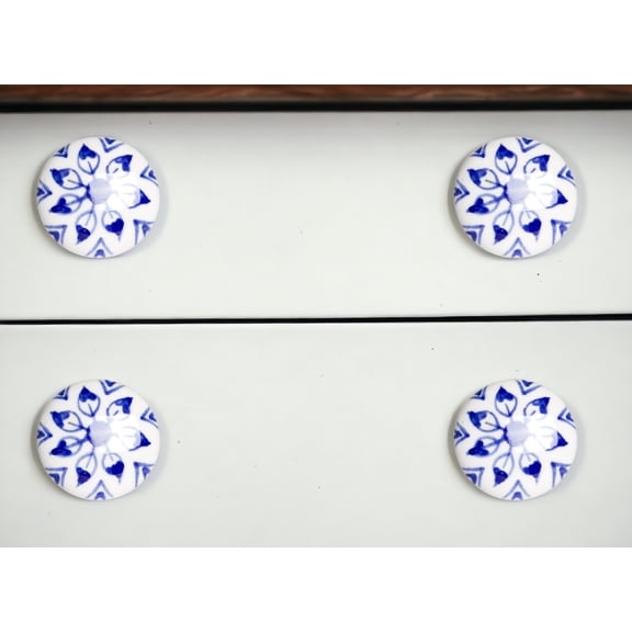 Set of Eight Blue And White Ceramic And Metal Drawer Pull Knobs