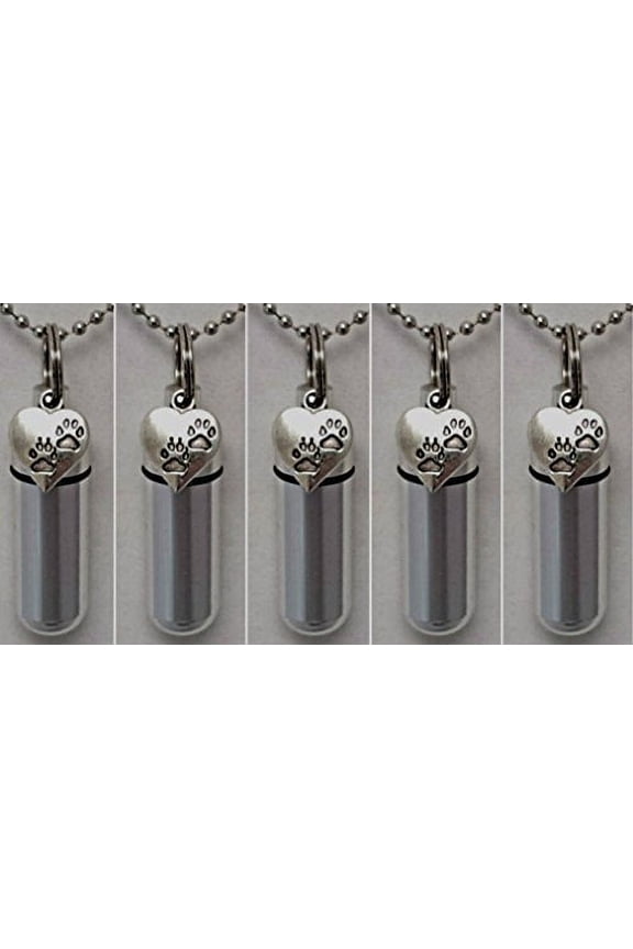 Set of FIVE Silver Paws on Heart CREMATION URN Keepsakes with LASER ENGRAVED PAW - Includes 24" Ball-Chains, Velvet Pouches and Fill Kit