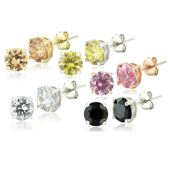 Set of Five Colors of Diamonds CZ Stud Earrings