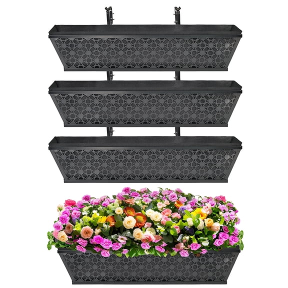 Set of Four 24-Inch Window Planters for Outdoor Use, Adjustable Brackets for Deck Railings, Porches, Fences, Balconies, with Non-Woven Fabric Liners