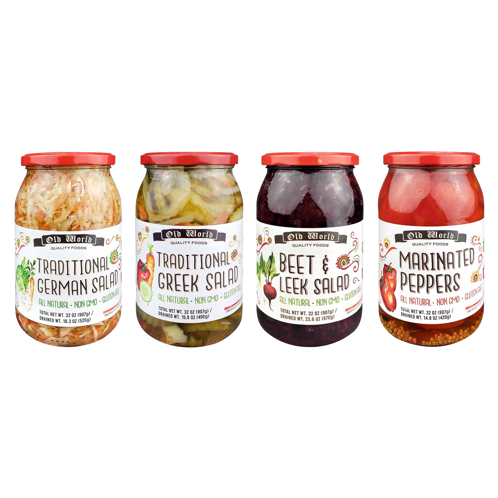 Set of Four 32 Oz Jars of Assorted Pickled Vegetables - German Salad, Greek Salad, Beet & Leek Salad, and Marinated Peppers