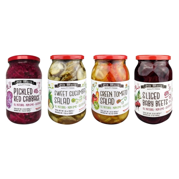 Set of Four 32 Oz Jars of Assorted Pickled Vegetables - Red Cabbage, Sweet Cucumber Salad, Green Tomato Salad, and Sliced Baby Beets