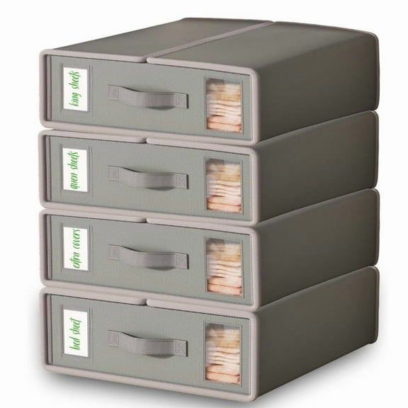 Set of Four Foldable Fabric Storage Boxes with Clear Window, Bedding Organizers for Sheets, Duvet Covers, and Blankets