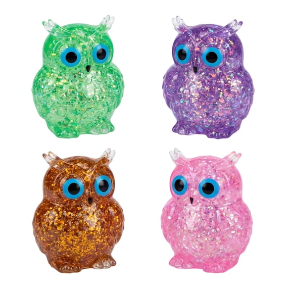 Set of Four Owl Shaped Resin Figurines with Glitter Detailing for Home Office or Desk Decoration