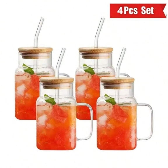 4-Piece 500ML/17OZ Square Glass Straw Cups - With Lid, High-Profile Clear Floating Cups, Summer Tea & Beverage Mugs for Adults & Girls, Perfect Gift for Daily Use
