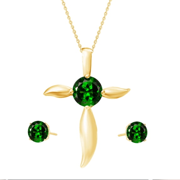 Set of Gold Over Sterling Silver Stud Earring and Cross Pendant with Natural Chrome Diopside with 18 " Chain